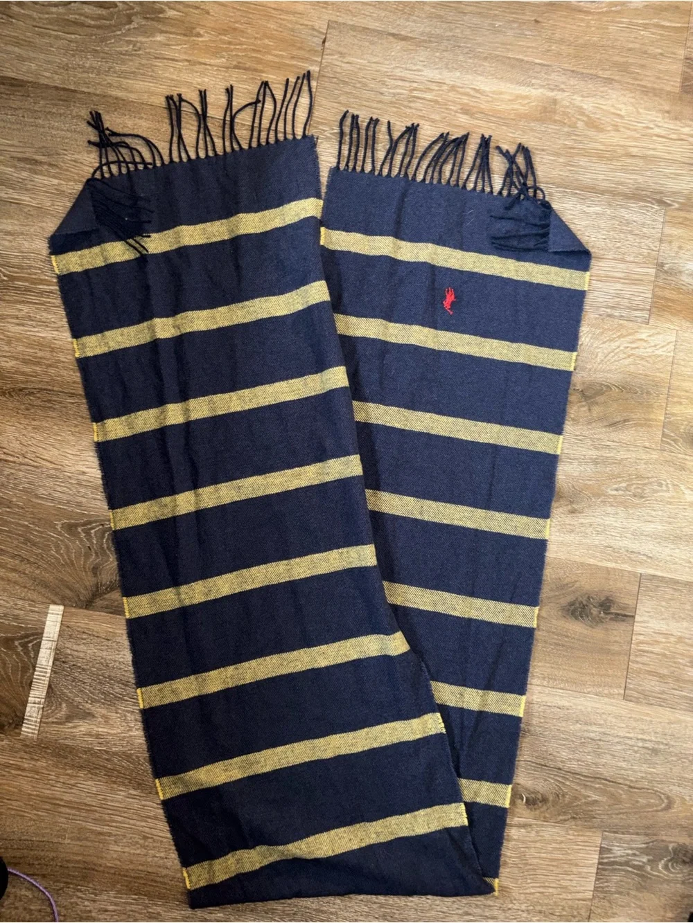 Polo by Ralph Lauren Wool Cotton Fringe Stripe Preppy Scarf Navy and Yellow